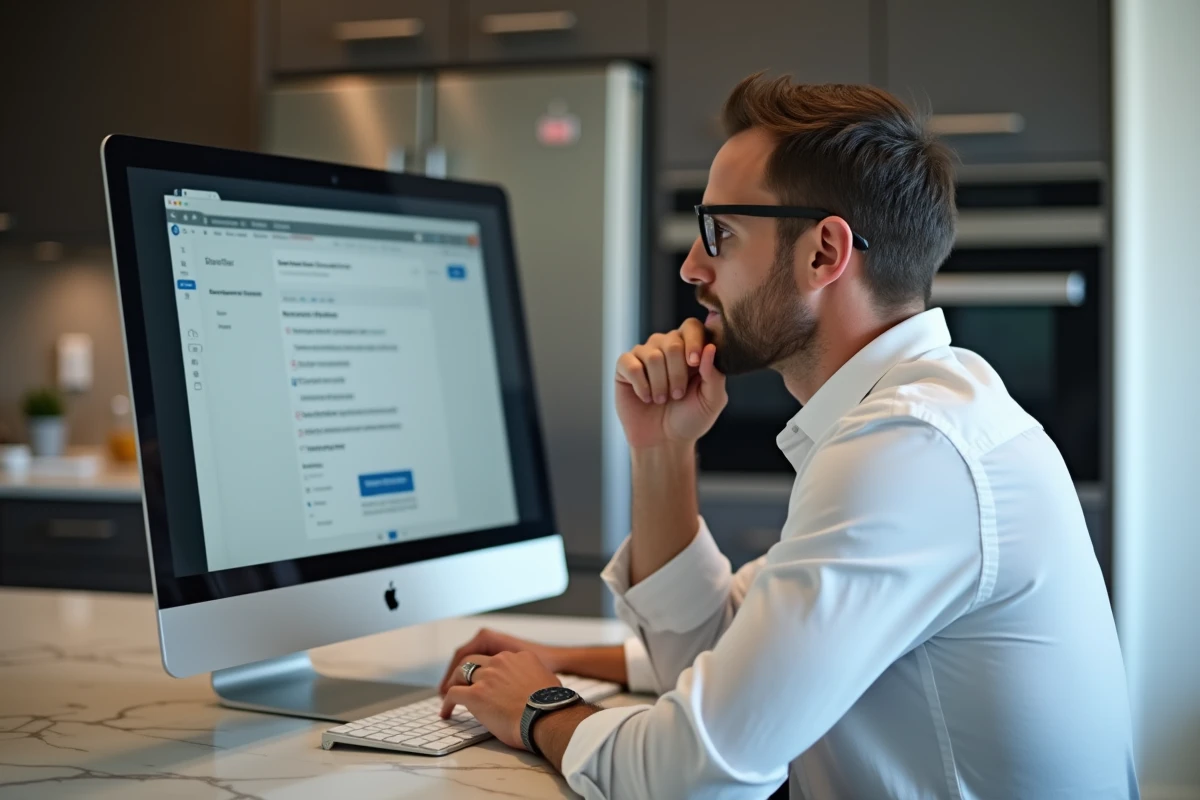 Homme répondant à des sondages rémunérés ciblés sur Toluna Influencers depuis son ordinateur de bureau à domicile