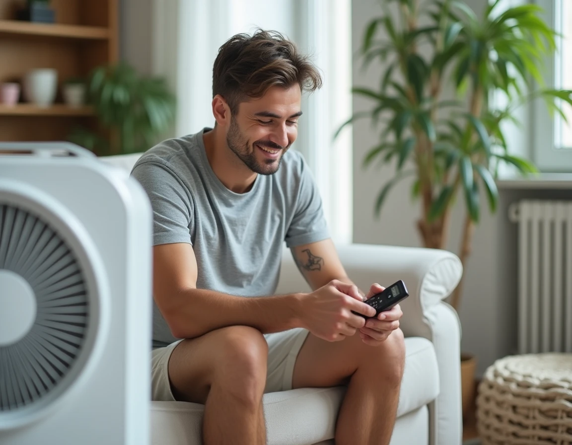 Homme utilisant la télécommande du ventilateur Valberg dans son appartement en été