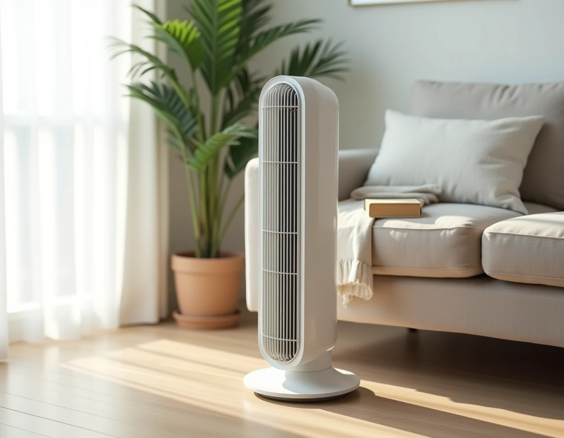 Ventilateur colonne blanc Valberg posé sur un parquet en bois dans un salon moderne et lumineux